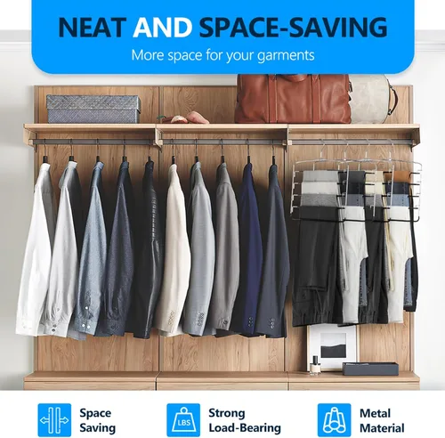 Vista 4 de 5 Tier Pants Hangers, Space Saving Closet Organizer for Jeans & Trousers Holds up to 10 pairs of pants vertically, saving closet space. Swing arms