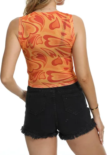 Vista 3 de Camiseta corta de malla Y2k para mujer sexy con estampado de ondas de corazón transparente y bonitas sin mangas de verano