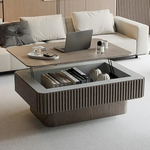 Vista 16 de Mesa de Centro Cuadrada de 35.43'' para Sala de Estar Mesa de Centro Acanalada Mesa Central Moderna con Pedestal para Apartamento Negro