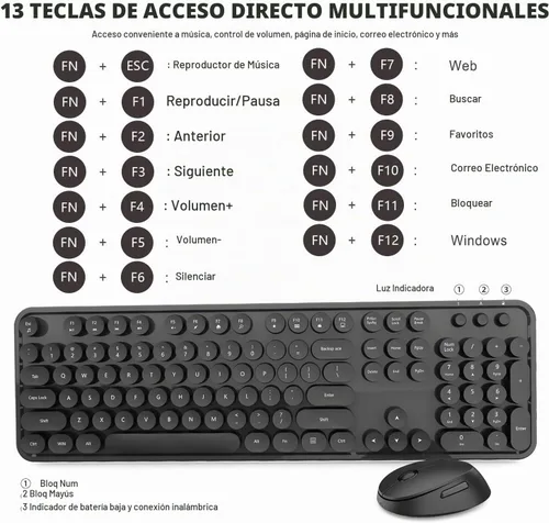 Vista 7 de Combo de teclado y mouse inalámbricos, teclado retro estilo máquina de escribir con teclas redondas, conexión de 2.4 GHz libre de caídas, mouse