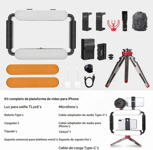 Vista 2 de GVM - Kit de luz estabilizadora de cardán para teléfono inteligente, kit de creador de contenido, equipo LED de 5600 K con micrófono y trípode