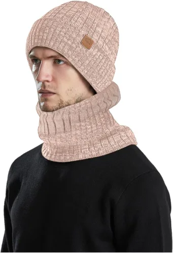 Vista 2 de Conjunto de gorro de invierno para hombre y mujer, gorro de punto holgado, gorro de calavera con puños acanalados, gorro térmico elástico