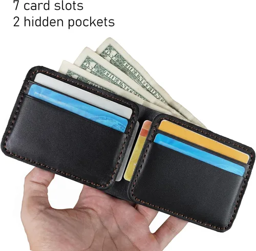 Vista 4 de HATA Black Cowhide Full Grain Leather Bifold Wallet For Men With RFID Blocking Minimalist Front Pocket Security Passcase And Durable Extra Capacity
