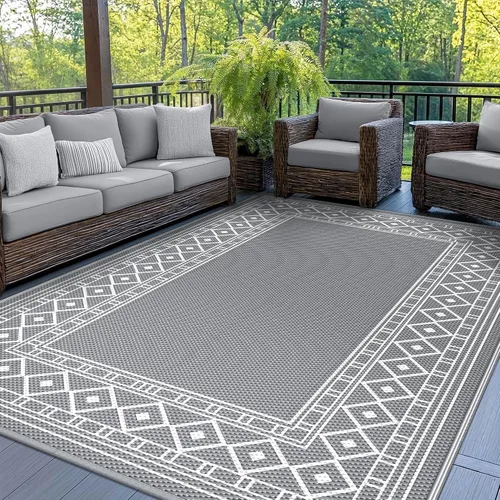Vista 30 de GENIMO Alfombra de Exterior 5'x8' Impermeable para Patio, Alfombra de Paja de Plástico Reversible para Exteriores, Alfombras de Camping para Negro