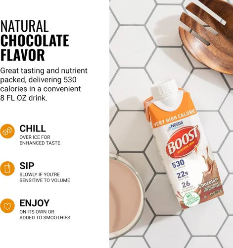 Vista 6 de BOOST Bebida nutricional muy alta en calorías, ayuda al aumento de peso y mantenimiento, 530 calorías, 26 vitaminas y minerales, 0.78 oz