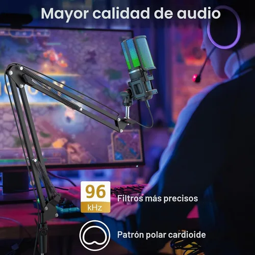 Vista 2 de ZealSound Micrófono USB para Juegos, Micrófono Condensador con Cancelación de Ruido, Micrófono RGB con Silencio, Ganancia, Monitoreo, Brazo