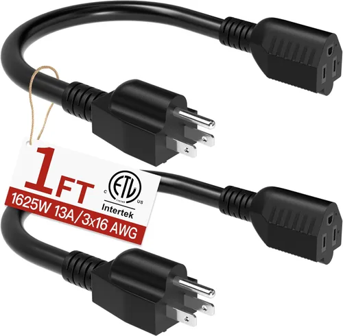Vista 32 de Cable de extensión corto de 16/3 de 1 pie, cable de extensión negro flexible y duradero, cable de alimentación de 3 clavijas para interiores