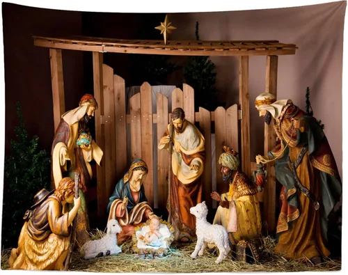 Vista 7 de Loccor Tapiz de escena del Nacimiento de Navidad, escena del pesebre, figuras de Jesús, Virgen María, tapiz para colgar en la pared, arte de pared