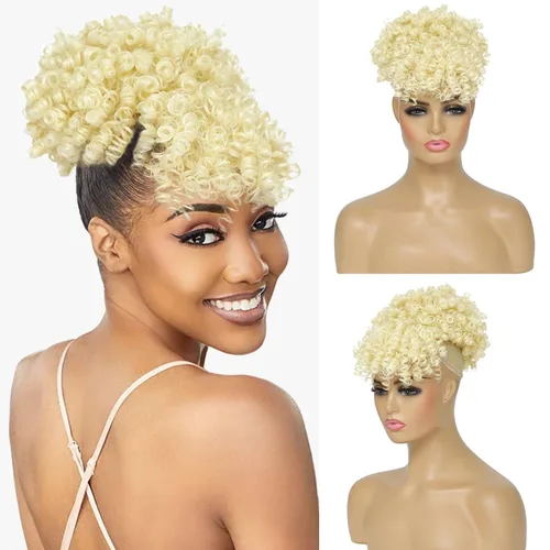 Vista 13 de Cola de caballo con cordón y flequillo, extensiones de cola de caballo afro para mujer, cola de caballo corta y rizada con flequillo con clip para 1b