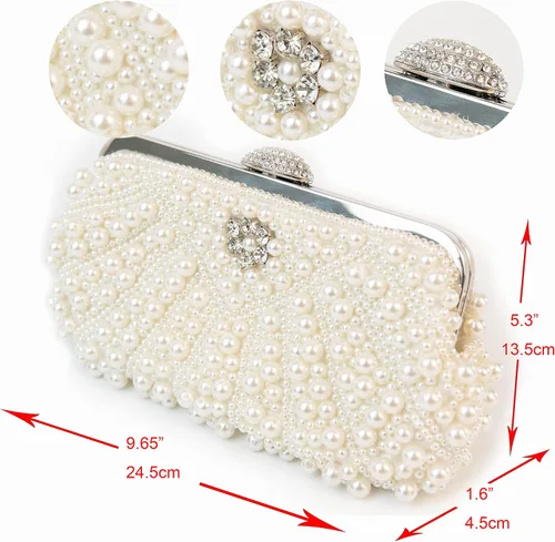 Vista 2 de Ofuleo Bolsos de mano de perlas de lujo, bandolera de cristal para mujer, para boda, noche, fiesta casual, Blanco