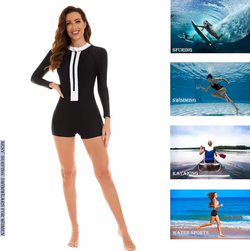 Vista 5 de NESY Traje de baño de una pieza de manga larga para mujer, traje de baño de protección contra erupciones, pantalones cortos UPF 50+, traje de baño