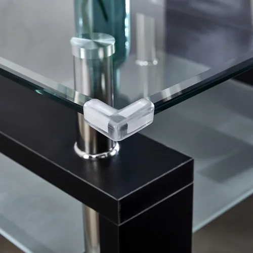 Vista 7 de SSLine Mesa auxiliar de vidrio templado, moderna mesa auxiliar rectangular transparente de 2 niveles con estante inferior, mesas centrales de vidrio