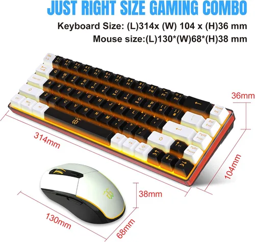Vista 7 de Snpurdiri Combo de teclado y mouse inalámbricos 60% para juegos, batería recargable con retroiluminación naranja de 2000 mAh, mini teclado