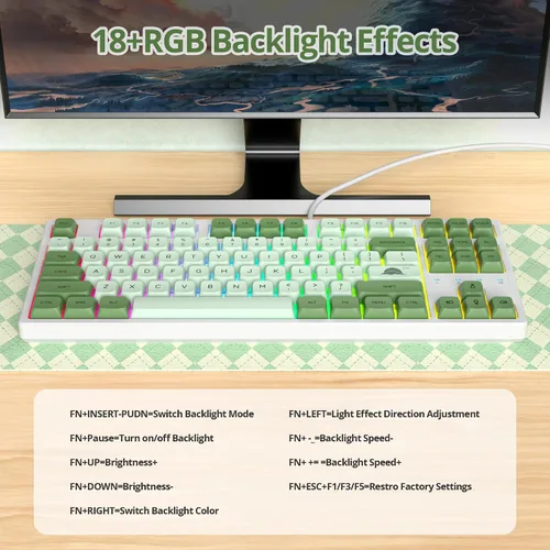 Vista 3 de Teclado mecánico 75% para juegos, 87 teclas compactas TKL con cable, interruptores rojos lineales con cable USB NKRO RGB Teclado retroiluminación