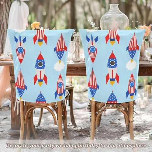 Vista 6 de Juego de 6 fundas decorativas de asiento de cumpleaños con cohetes rojos y azules para silla de aula para dormitorio, lavable, protector de sillas