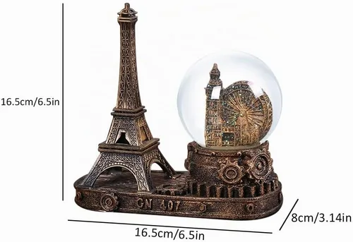 Vista 2 de Rueda de la fortuna antigua, coleccionable de globos de nieve, estatua de la torre Eiffel de París Francia, centro de mesa, decoración de escritorio