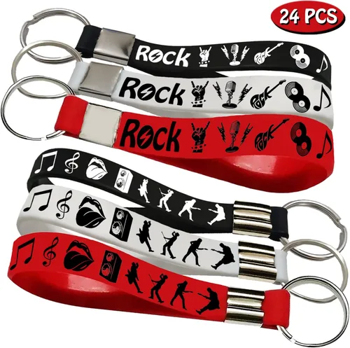 Vista 2 de 24 llaveros de silicona Rock and Roll, llaveros de goma -80s 90s Party Supplies Music Guitar Rap Hip Hop regalos de fiesta de cumpleaños