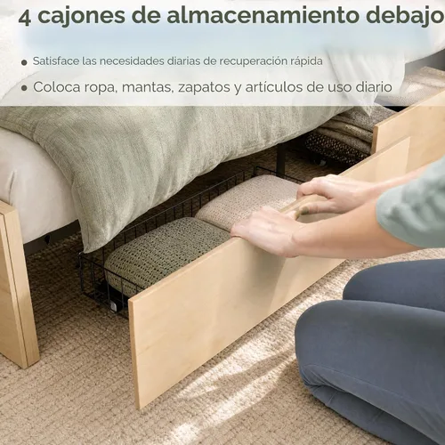 Vista 5 de Yechen Marco de Cama Queen con Cabecera de Ratán Natural y 4 Cajones de Almacenamiento de Madera, Plataforma de Metal con Fuerte Soporte de Listones