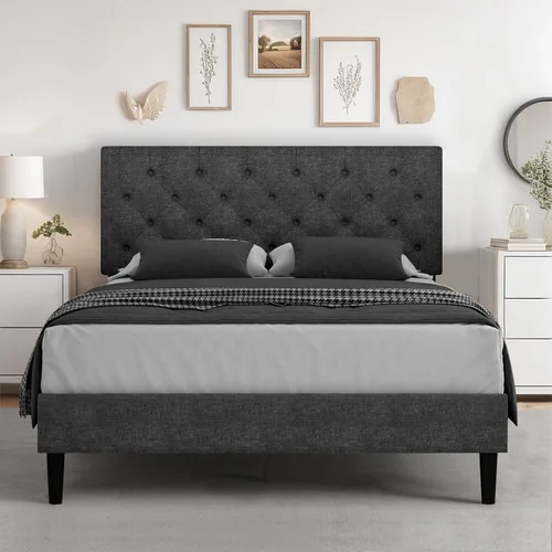 Vista 29 de HOMBCK Base de cama de tamaño individual con cabecera, base de cama tapizada con plataforma de lino para niños, base de cama de tamaño individual
