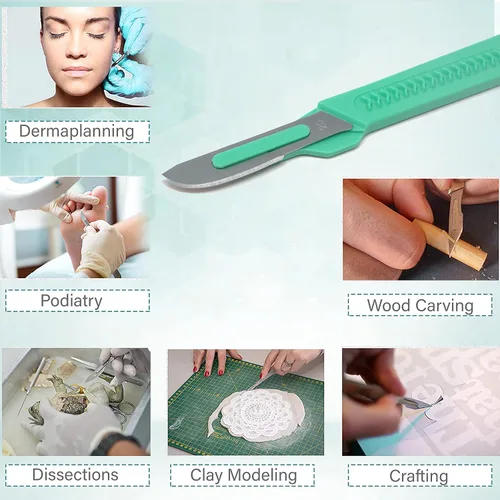 Vista 8 de Bisturí facial estéril desechable #20, herramienta de depilación y dermaplaning, cuchillas de acero al carbono de precisión con mango de plástico