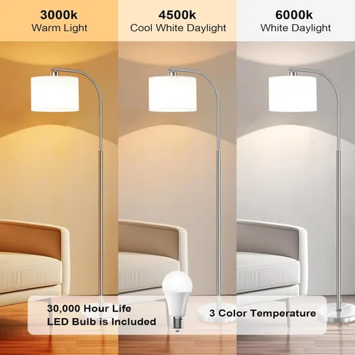 Vista 2 de Floor Lamp for Living Room,Modern Standing Lamps with 9W LED Bulb,65'' Silver Tall Floor Light with Fabric Shade,3 Color Temperatures Tall Lamp for