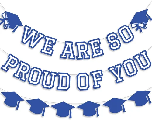 Vista 12 de Letrero con texto en inglés «We Are So Proud Of You», decoración de fiesta de graduación, guirnalda de tapa de felicitaciones, letrero de pared, Azul