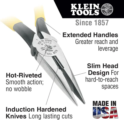 Vista 2 de Klein Tools D203-8NCR Pinza de punta larga con corte lateral para pelar/engarrotar, endurecida por inducción y más pesada para mayor potencia