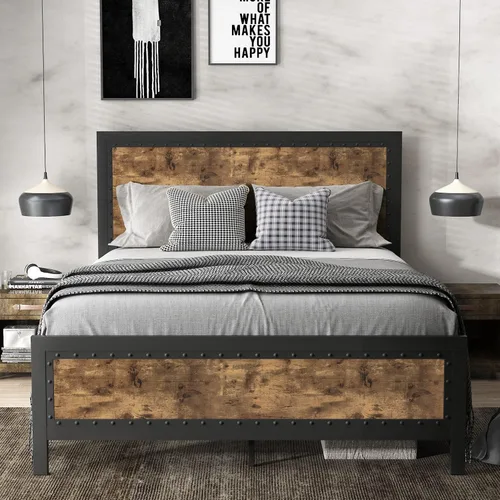 Vista 7 de SHA CERLIN Marco de cama gris de metal tamaño completo, base de plataforma de madera industrial con cabecero y pie de cama con remaches, no necesita
