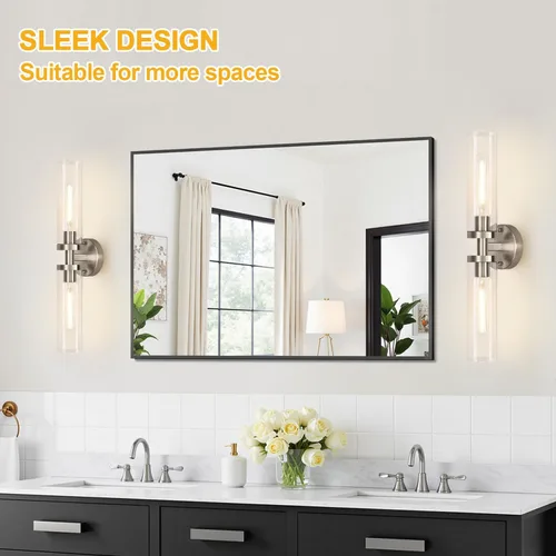Vista 6 de Indoi Apliques de pared de níquel cepillado, apliques de baño cableados con vidrio transparente, modernos accesorios de tocador de baño para espejo