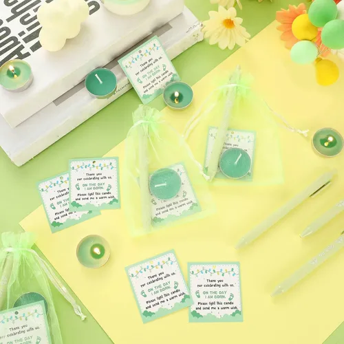 Vista 6 de Ctosree 50 Sets Baby Shower Favors for Guests Include 50 Pcs Tea Light Candle Bulk Thank Tag and Chiffon Bag with Drawstring Retractable Ballpoint