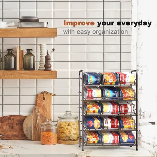 Vista 5 de MOOACE Organizador de latas, dispensador de almacenamiento de latas de 5 niveles con capacidad para hasta 60 latas, organizador de latas, ideal