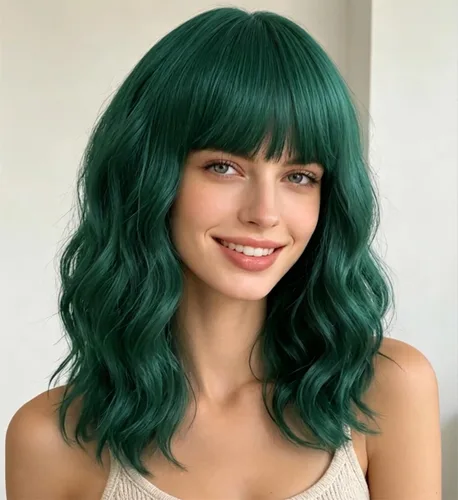 Vista 26 de Peluca negra con flequillo para mujeres negras, cabello rizado y ondulado de 14 pulgadas Negro