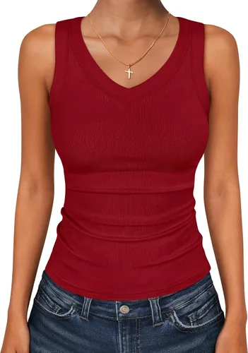 Vista 11 de ANRABESS Camisetas sin mangas para mujer, cuello en V, punto acanalado, ajustadas, sin mangas, básicas, ropa casual de verano 2026 Negro