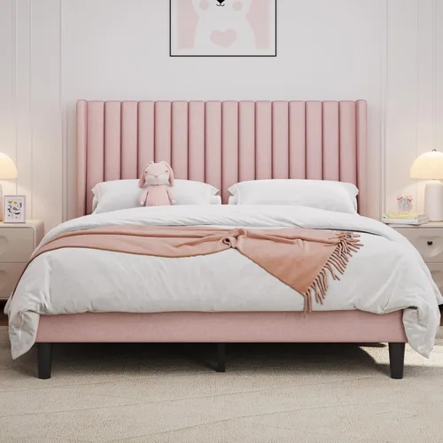 Vista 17 de Yaheetech Base de cama individual tapizada con cabecera de tela, diseño de borde de ala, antideslizante y sin ruido, soporte de listones de madera