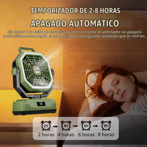 Vista 3 de Sireck Ventilador de camping recargable portátil de 10.8 pulgadas, verde Funciona con batería de 40000 mAh, luz LED, pantalla digital