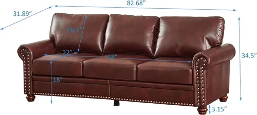 Vista 2 de Classic Century - Sofá de 3 asientos de piel sintética burdeos con ribete de cabeza de clavo, sofá relleno de espuma para sala de estar, 82.68 x