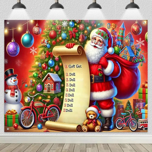 Vista 2 de HOMETITUTE Pancarta de Navidad de Papá Noel 8 x 6 pies Lista de Regalos Telón de Fondo Fiesta Navideña Fondo Árbol Muñeco de Nieve Bicicleta