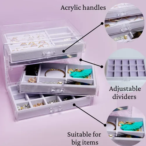 Vista 4 de The TopCherry Organizador de joyas de acrílico con 4 cajones, organizador de aretes, caja de joyería transparente, anillos, collares, pulseras