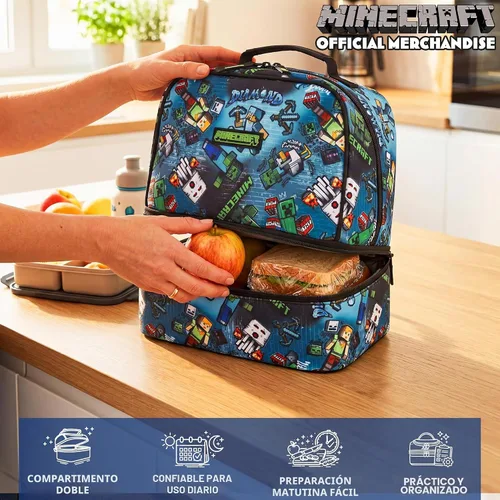 Vista 2 de Get Trend Minecraft - Lonchera reutilizable con aislamiento para niños, bolsa ligera con doble compartimento con asa, se adapta a la lonchera Azul
