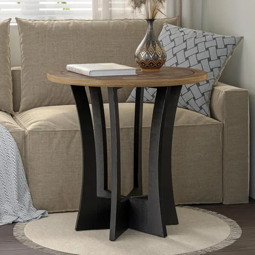 Vista 7 de COZAYH Mesa auxiliar redonda de granja X 2P con patas de madera entrecruzadas, mesa auxiliar rústica francesa para comedor o sala de estar, moderna