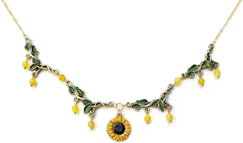 Vista 4 de Green Leaf and Sunflower Necklace w/Agate Bead Dangle - Hand Painted Sunny, Golden Yellow Flower and Leafy Green Necklace - Nature Colors Jewelry