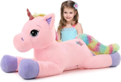 Vista 17 de Tezituor Juguetes de unicornio de peluche de 32 pulgadas, animales de unicornio gigante beige de peluche, encantadoras decoraciones de peluche