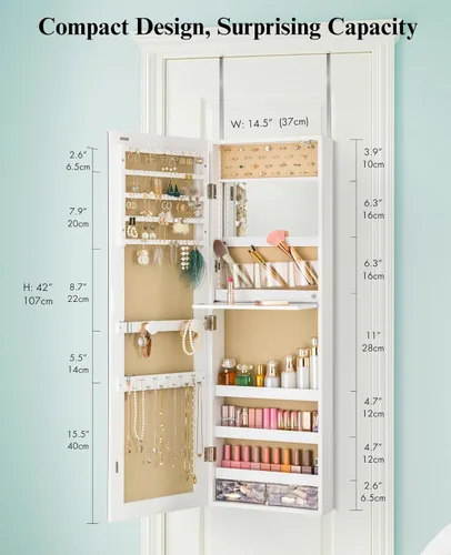 Vista 7 de LUXFURNI Armario de Joyería con Espejo Montado en la Pared con Luces, 42" de Alto Armario de Joyería Colgante Sobre la Puerta, Espejo de Joyería