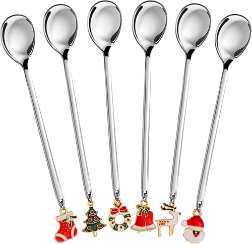 Vista 7 de JapanAmStore - 6 cucharas de café de acero inoxidable con colgante de Navidad, cuchara de sopa, cuchara de té, cuchara de postre para decoración