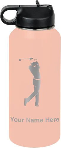 Vista 73 de LaserGram Botella de agua personalizada, golfista de golf, acero inoxidable de doble pared aislada al vacío con popote superior, regalo grabado Negro