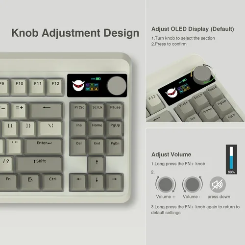 Vista 3 de Womier - Teclado retro 75% para juegos con pantalla OLED y perilla, M87 Pro Bluetooth 5.12.4 GHzUSB-C Teclado mecánico inalámbrico con interruptor