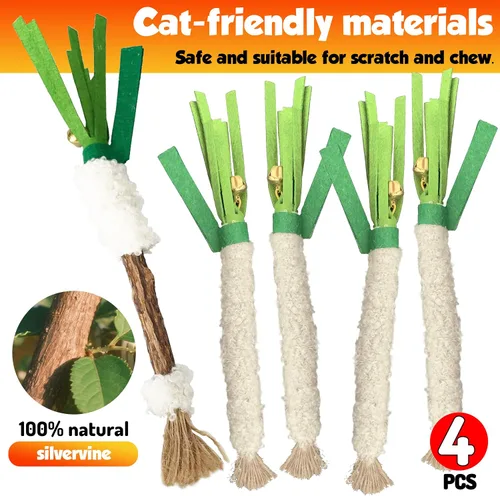 Vista 3 de Palillo masticable Catnip 4 piezas con cuerda de algodón envuelta – Juguete natural para el cuidado dental para la limpieza de los dientes