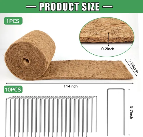 Vista 2 de Rollo de mantillo natural para paisajismo, tapete de fibra de coco gruesa orgánica de 120 x 6.3 pulgadas con estacas de acero en forma de 20U, rollo