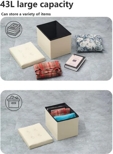 Vista 6 de Bsketa Otomana de Almacenamiento, Taburete Plegable con Asiento Acolchado de Espuma Más Gruesa, Otomana Pequeña de Cuero para Almacenamiento, Banco