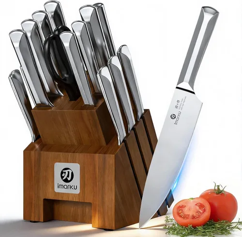 Vista 9 de imarku Juego de 14 cuchillos con bloque, juego de cuchillos de cocina de acero inoxidable japonés con afilador integrado, asas ergonómicas